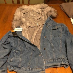 NWT FULLY FAUX FUR LINED DENIM BOMBER JACKET WITH HOOD AND DETACHABLE FUR HOOD